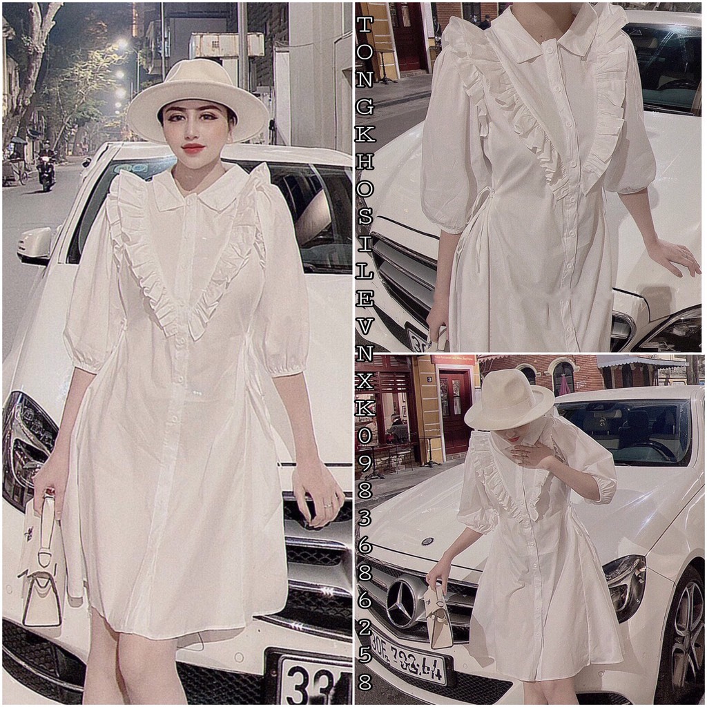 Váy Tay Lỡ Suông Cổ V Phối Viền Bèo Dáng Sơ Mi Trắng Style Retro sang trọng - Đầm Somi Trắng