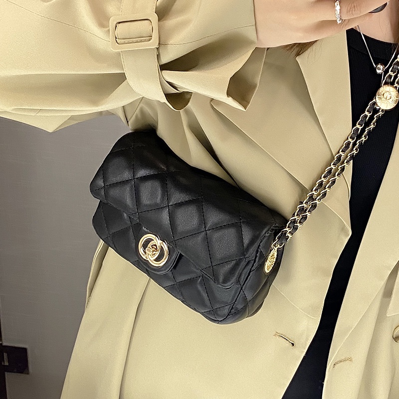 Túi Đeo Chéo Hình Vuông Nhỏ Màu Đen Đính Kim Cương Giả Cổ Điển Thời Trang Cho Nữ