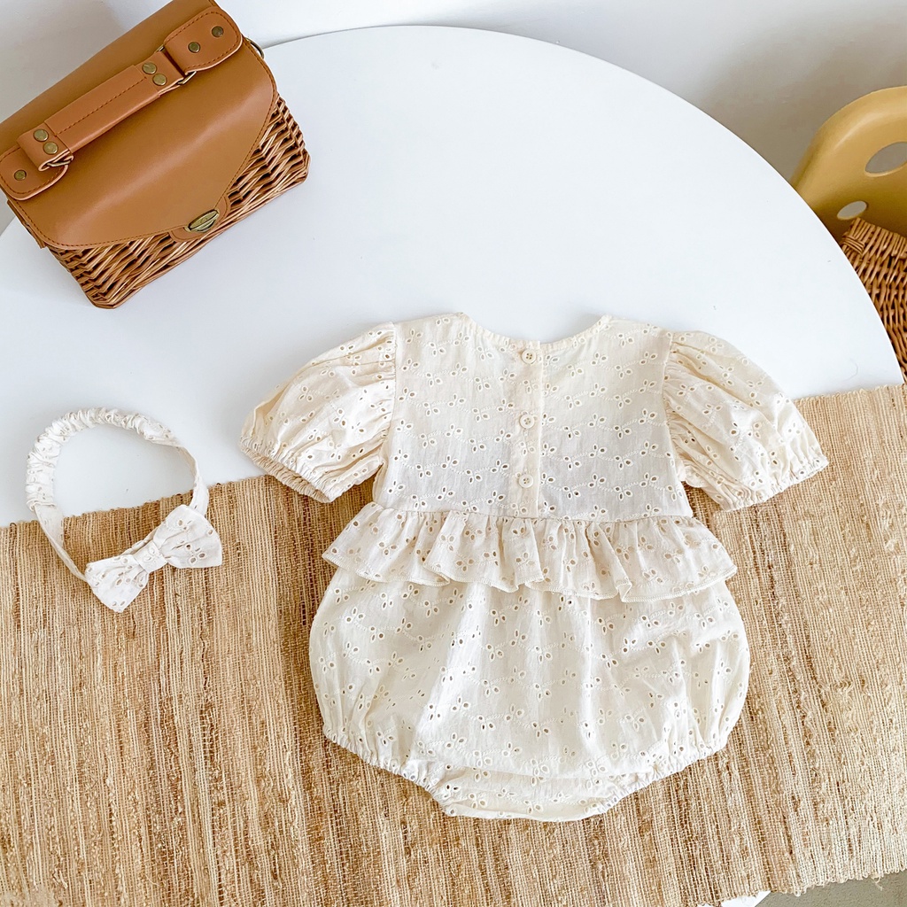 Bộ Áo Liền Quần + Băng Đô Nơ Tay Ngắn Dễ Thương Thời Trang Mùa Hè Cho Bé Gái