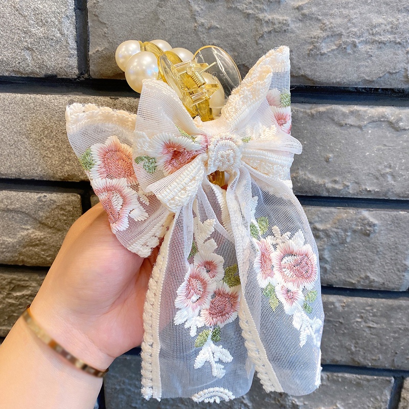 Kẹp Tóc Hình Nơ Thêu Hoa Phối Ren Phong Cách Cổ Điển Tinh Tế Cho Nữ