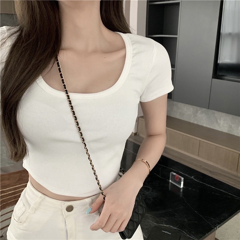 Áo Croptop Cổ Vuông Basic Form Ôm Tay Ngắn [Video thật] A5157