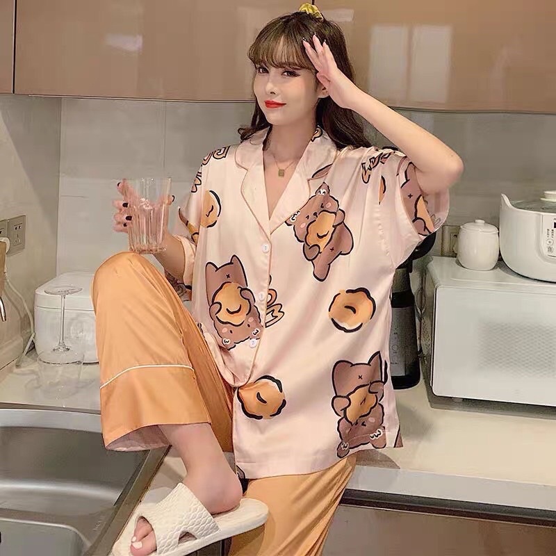 Bộ pijama LỤA pha ĐŨI- BỘ ÁO TAY NGẮN - QUẦN DÀI mặc nhà  mềm mại dễ thương