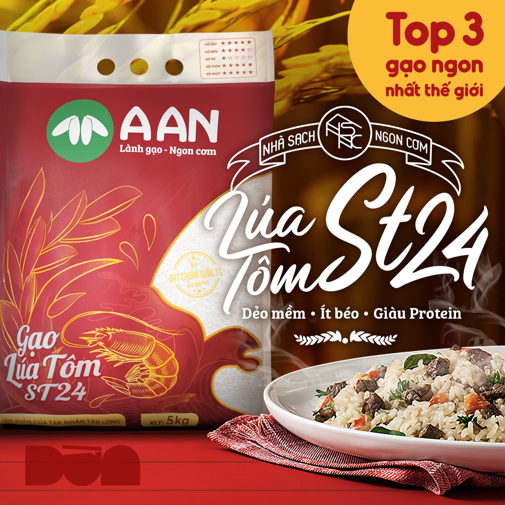 Gạo Lúa Tôm ST24, top 3 gạo ngon thế giới, dẻo mềm, ít béo, giàu Protein - 5 Kg A An