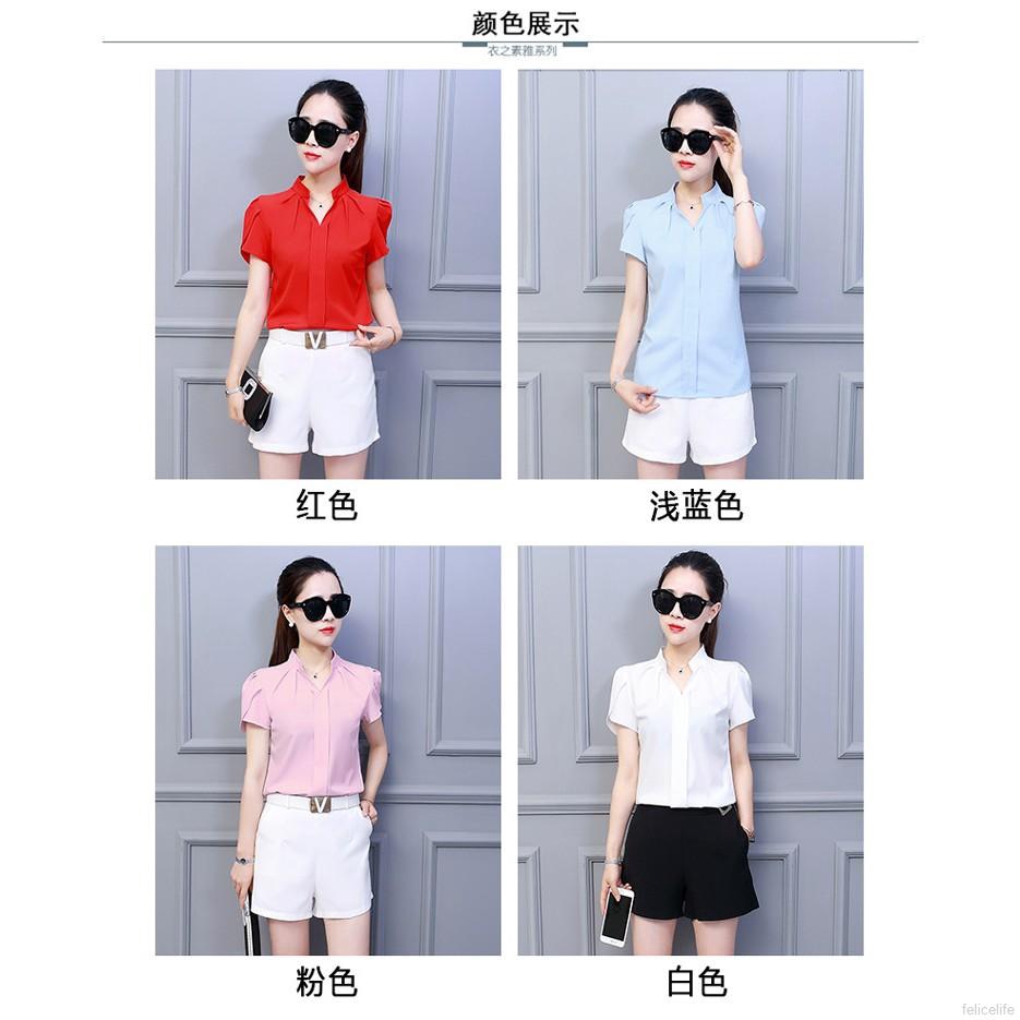 Áo nữ ngắn tay cổ chữ V màu trơn phong cách Hàn