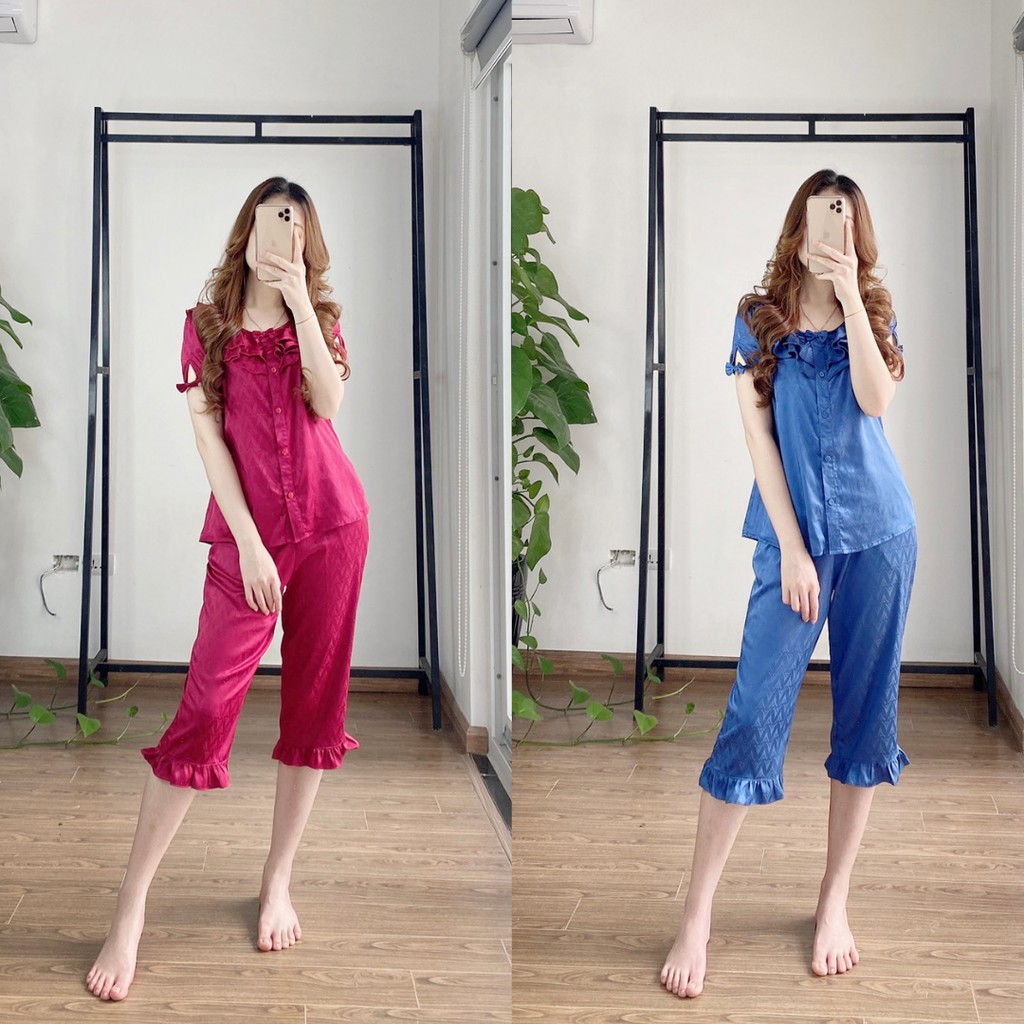 Bộ Pijama lụa gấm NOHK cao cấp mặc nhà cộc tay quần lửng cổ bèo tay nơ