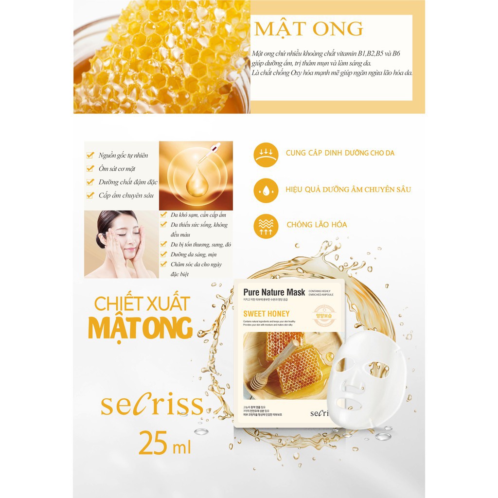 Mặt Nạ Pure Nature Mask Sweet Honey SECRISS Mật Ong dưỡng ẩm - ANSKIN - HÀN QUỐC