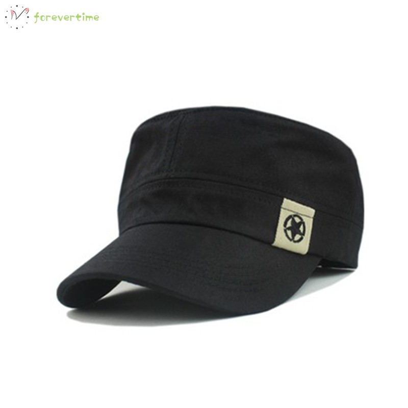 #Mũ# Men Classic Flat Top Cadet Cap Solid Brim Breathable Corps Flat Hat Baseball Cap