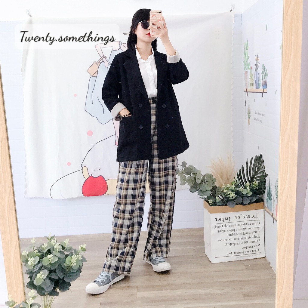 SET 3 MÓN BLAZER + SƠ MI TRẮNG + QUẦN ỐNG SUÔNG KẺ CARO (ảnh thật 100%/sẵn/video)