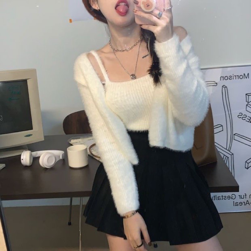 [SẴN ] Set áo lông 2 dây+áo khoác lông tay dài cực xinh 4 màu xanh/hồng/trắng/đen | BigBuy360 - bigbuy360.vn