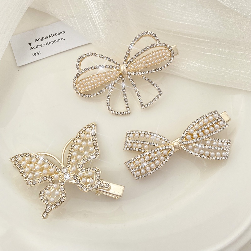 Kẹp Tóc Hình Nơ / Hoa / Bướm Đính Ngọc Trai Thanh Lịch Cho Nữ