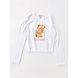 Áo croptop trắng dài tay xoăn lai in con gấu vnxk