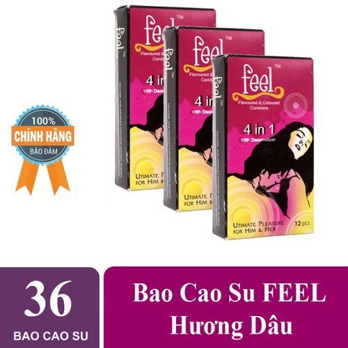 [SALE SỐC][CHÍNH HÃNG 100%] Bộ 3 Hộp Bao cao su Feel 4in1 Gân Gai Lằn Thắt - Kéo Dài Thời Gian Quan Hệ - Hương Dâu tây