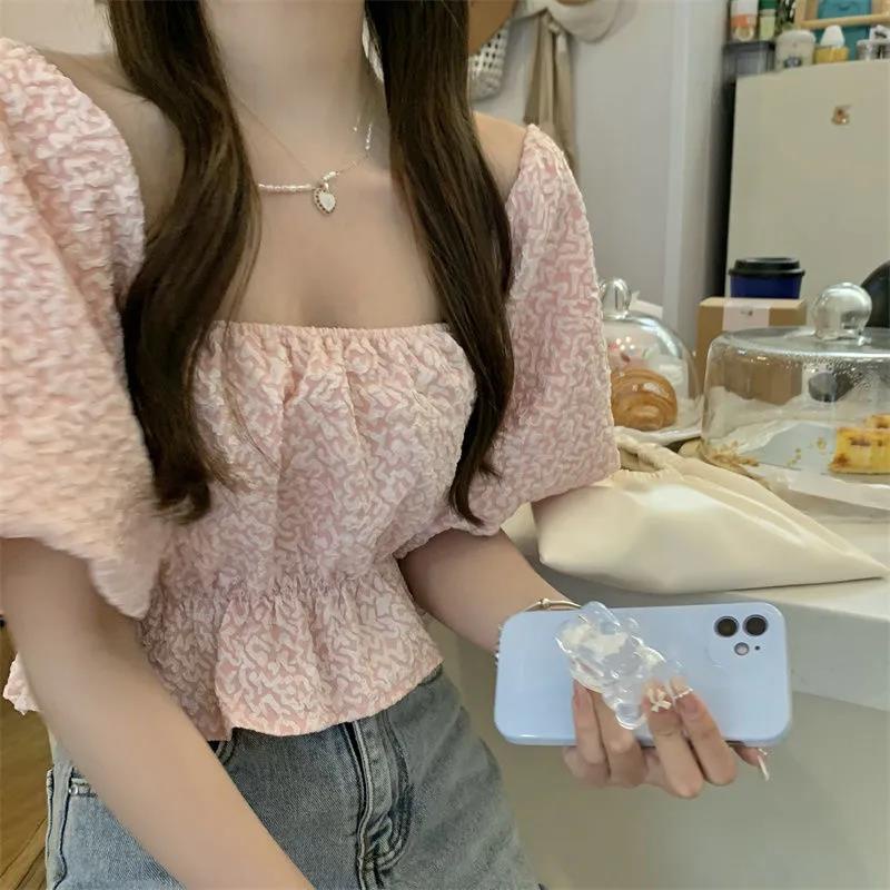 Áo Kiểu Tay Phồng Trễ Vai Màu Hồng Thời Trang Mùa Hè Phong Cách Hàn Quốc Cho Nữ