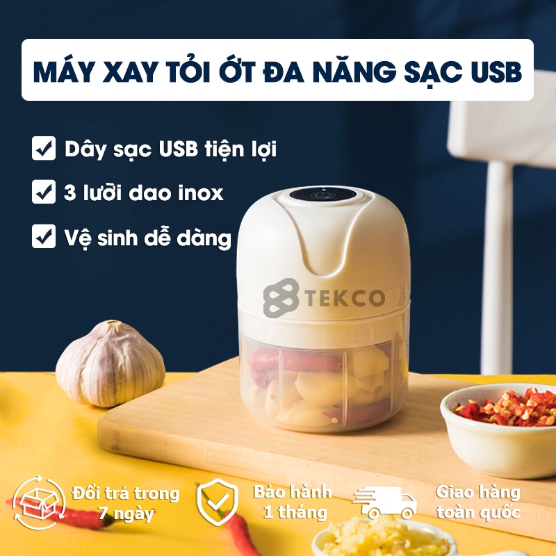 Máy Xay Thực Phẩm (Tỏi, Ớt, Gừng, Thịt, Cá,...) Cầm Tay Đa Năng Cổng USB - Dụng Cụ Xay Nghiền Tỏi Ớt Sạc Pin (Trắng)