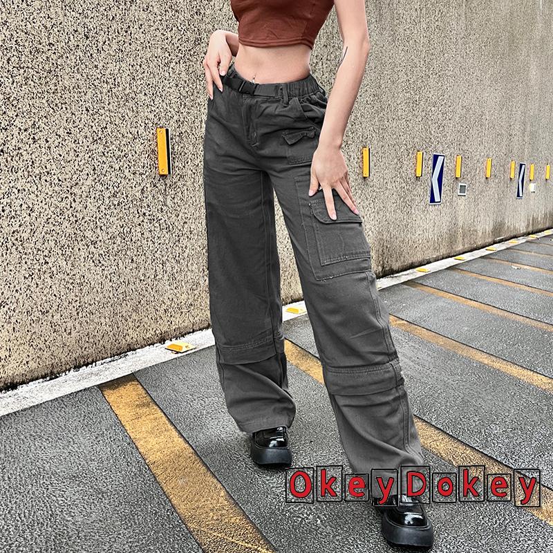 OKDK-Quần denim lưng cao nhiều túi màu trơn thời trang cho nữ