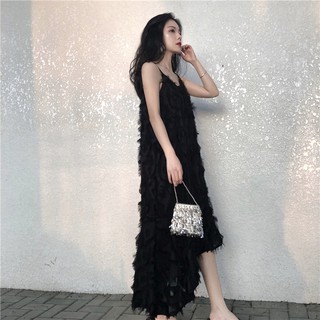 [ORDER] Đầm lông ngỗng hai dây vạt lệch - u.w