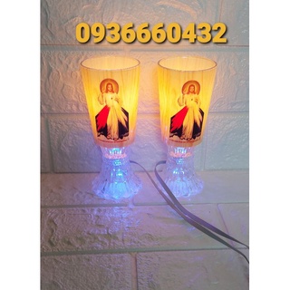 Bộ đèn ly thủy tinh điện bàn thờ công giáo 15cm 16cm(2 cái) có in hình Chúa hoặc Mẹ dây nối sẵn