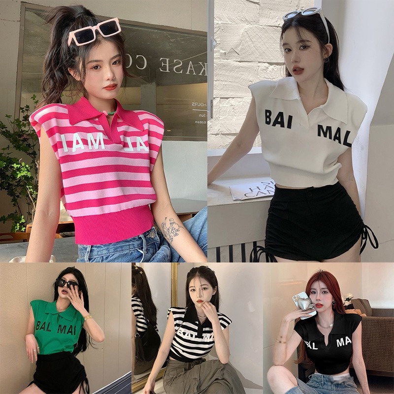 Áo Lửng Hai Dây Kẻ Sọc In Chữ Thời Trang Cho Nữ