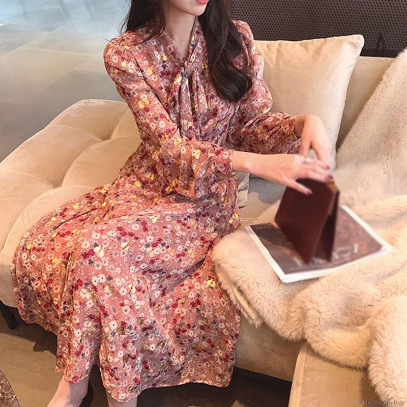 Đầm Tay Dài Chất Chiffon Hoạ Tiết Hoa Thiết Kế Phối Nơ Nữ Tính