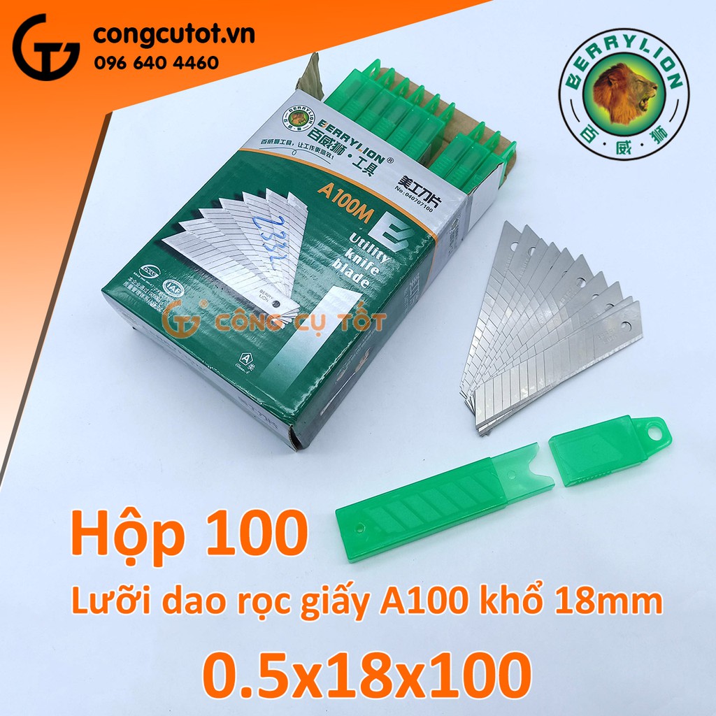 Hộp 100 lưỡi dao rọc giấy Berrylion A100 khổ 18mm ( gồm 10 hộp con )