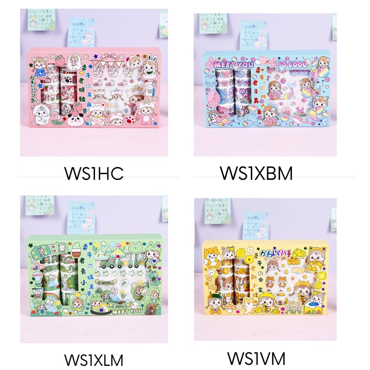 Hộp sticker cute washi tape dán sổ tay decor set 10 cuộn băng dính 10 hình dán sicker Timo WS1