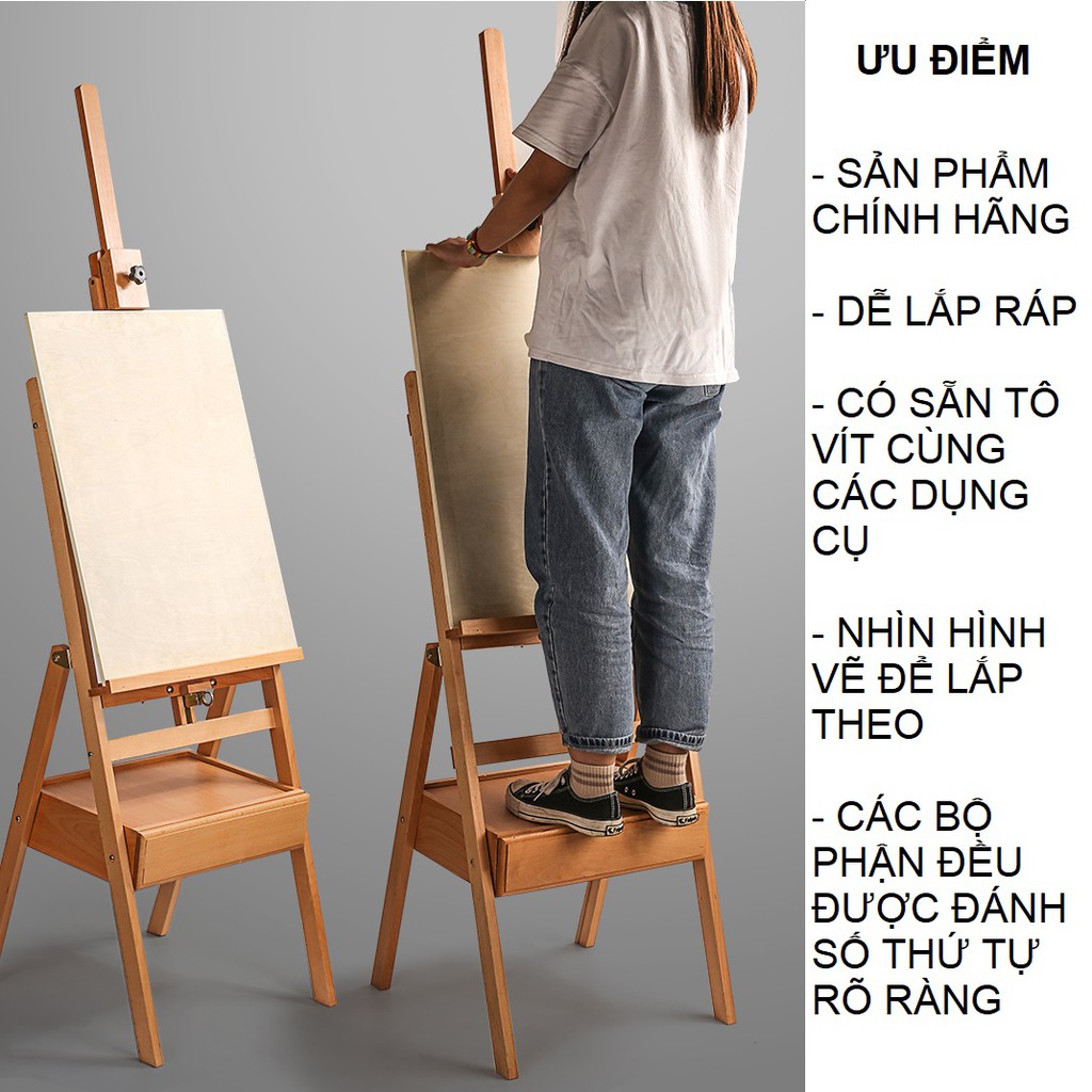 Giá vẽ gỗ cao max 1m72 có ngăn kéo chính hãng Mont Marte siêu tiện lợi của shop Họa Cụ HKUK cỡ 110x38x11cm