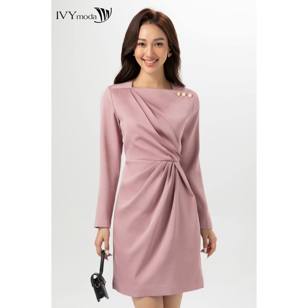 Đầm lụa xếp tay dài IVY moda MS 48M7045