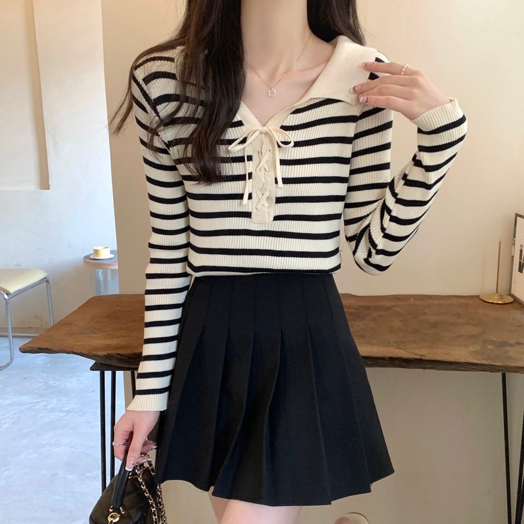 ZHELIHANGFEI Áo Len POLO Tay Dài Thắt Dây Form Ôm Họa Tiết Kẻ Sọc Dễ Phối Đồ