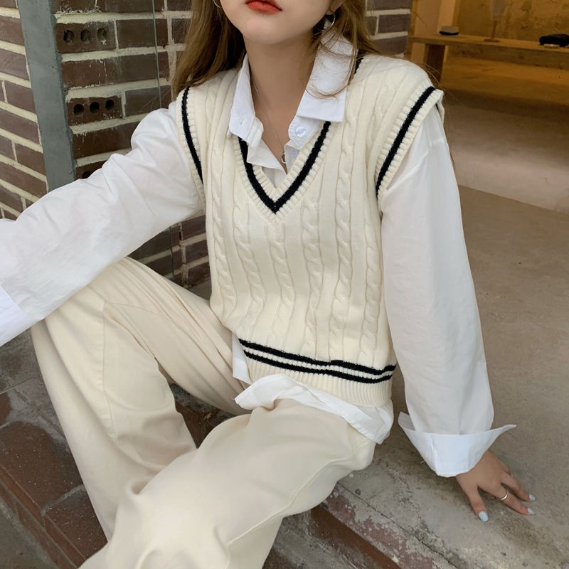 Áo Dệt Kim Cổ Chữ V Màu Sắc Tương Phản Thời Trang Mùa Thu Cho Nữ