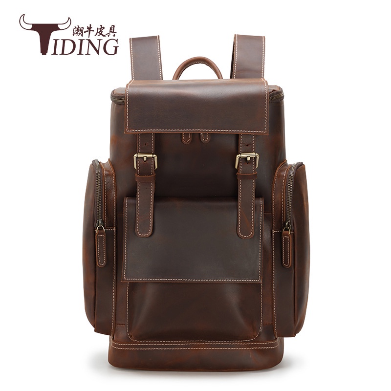 Hợp thời trang Bò mới Crazy Horse Leather Du lịch ngoài trời Ba lô da Retro Ba lô Học sinh Túi đi học Dung lượng lớn Túi