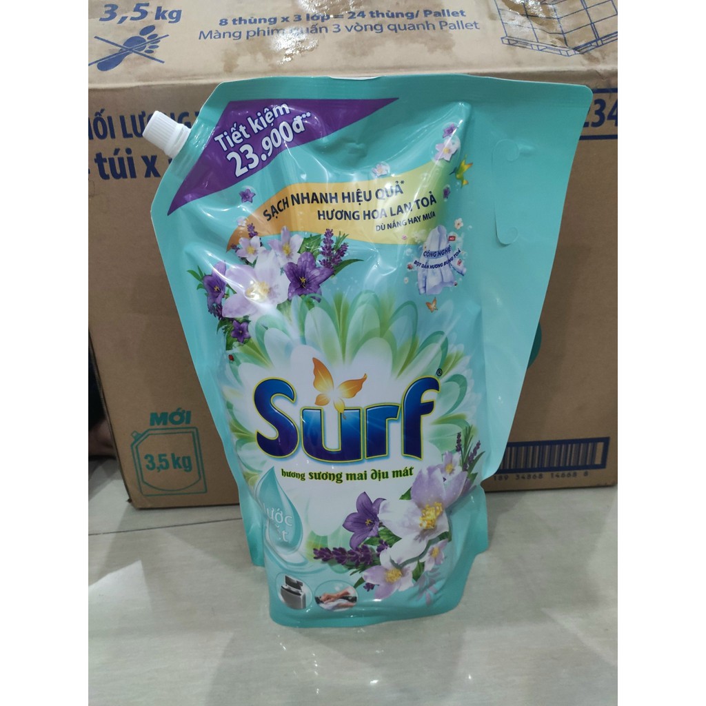 Nước giặt Surf hương sương mai/Hoa cỏ dịu mát túi 3.5kg (Mẫu mới có vòi)