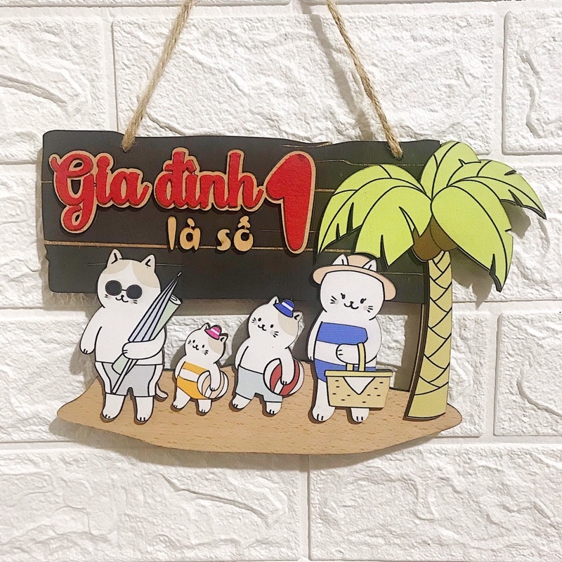 Bảng gỗ trang trí OHAY - Mèo dừa 4 con - Gia đình là số 1 (Tặng Đinh móc + Móc dán)