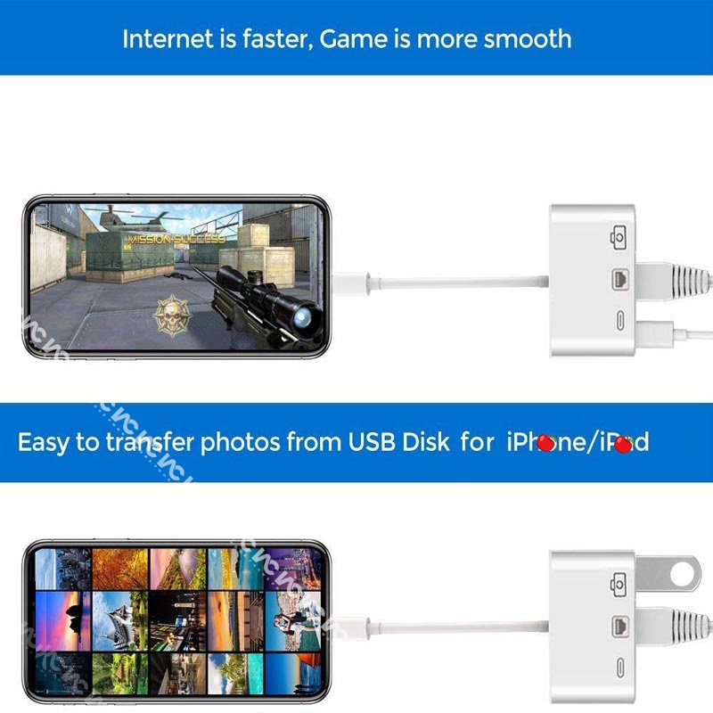 Bộ Chuyển Đổi Mạng Ethernet 3 Trong 1 Có Dây USB 3 Cổng Sạc Và Cổng Sạc 10/100Mbps Tương Thích Với iPh 13PM/12/11/X/8