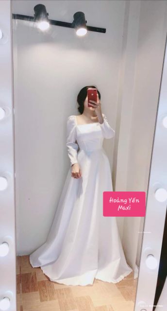 [Hàng sẵn tại Store❤️] Đầm dạ hội trắng tay dài cài đá ngôi sao, đầm cô dâu đơn giản, đầm trắng dài - Chuẩn ảnh