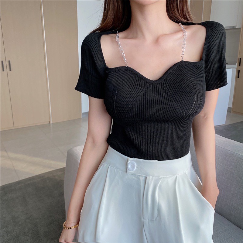 [ÁO DỆT KIM] Áo Len Nữ Mỏng Ôm Dáng, Áo Tăm Dây Xích Cổ V Tay Ngắn | BigBuy360 - bigbuy360.vn