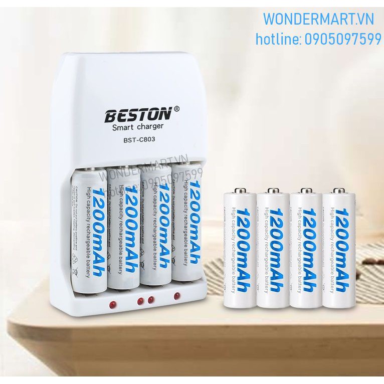 Bộ sạc pin AA AAA Beston kèm 4 pin sạc nhanh AA 1200mAh NiMh