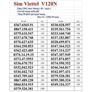 Sim Viettel V120N. 120G data/tháng + Gọi nội mạng miễn phí + 50 phút ngoại mạng