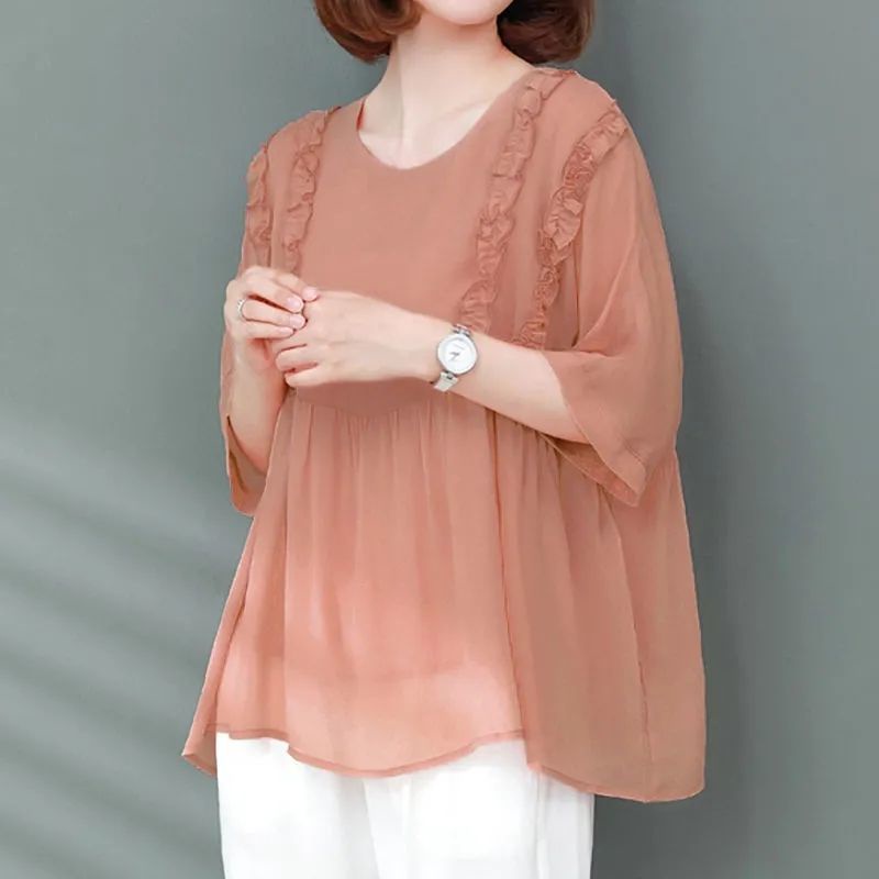 Áo chiffon Cổ Tròn Tay Lửng Dáng Rộng Thời Trang Mùa Hè 2022 Cho Nữ Cỡ m-4xl