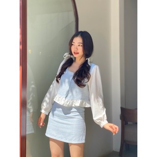 Set áo váy Tweed xanh