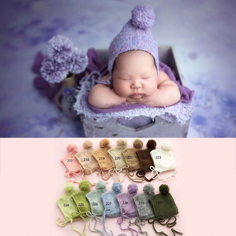 Mũ Beanie Dệt Kim Đính Quả Bông Xinh Xắn Dùng Làm Đạo Cụ Chụp Ảnh Cho Bé Sơ Sinh