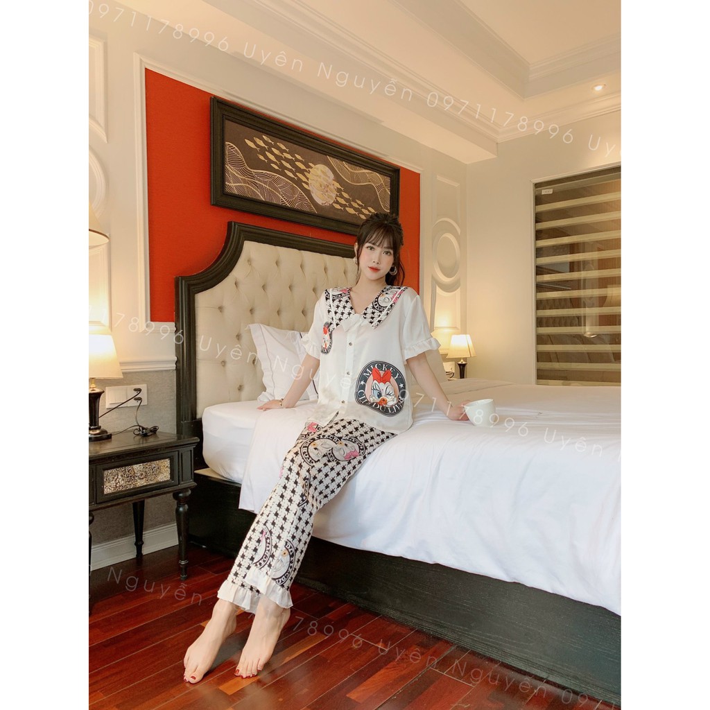 Đồ bộ nữ mặc nhà tay ngắn quần dài phối bèo cổ nơ pijama vải lụa satin kiểu vintage tiểu thư quà tặng vợ | BigBuy360 - bigbuy360.vn