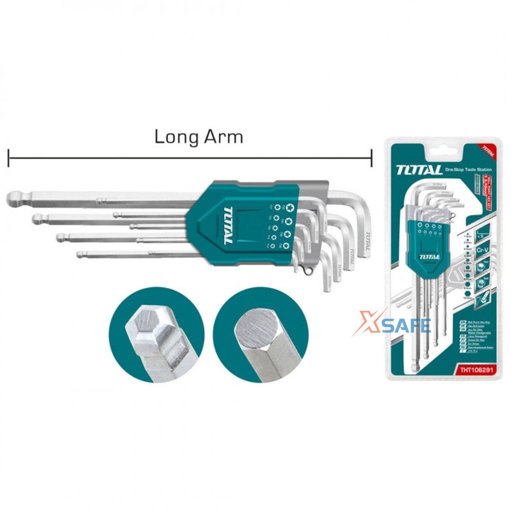 Bộ khóa lục giác bi dài TOTAL THT106291 1 đầu bằng, 1 đầu bi Lục giác thép Cr-V chắc chắn bền bỉ không gỉ sét nhỏ gọn