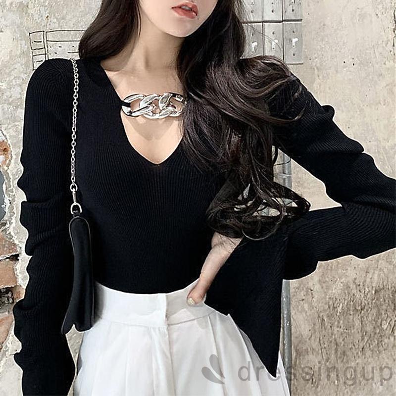 Áo len tay loe cổ chữ V dáng ôm thời trang quyến rũ cho nữ