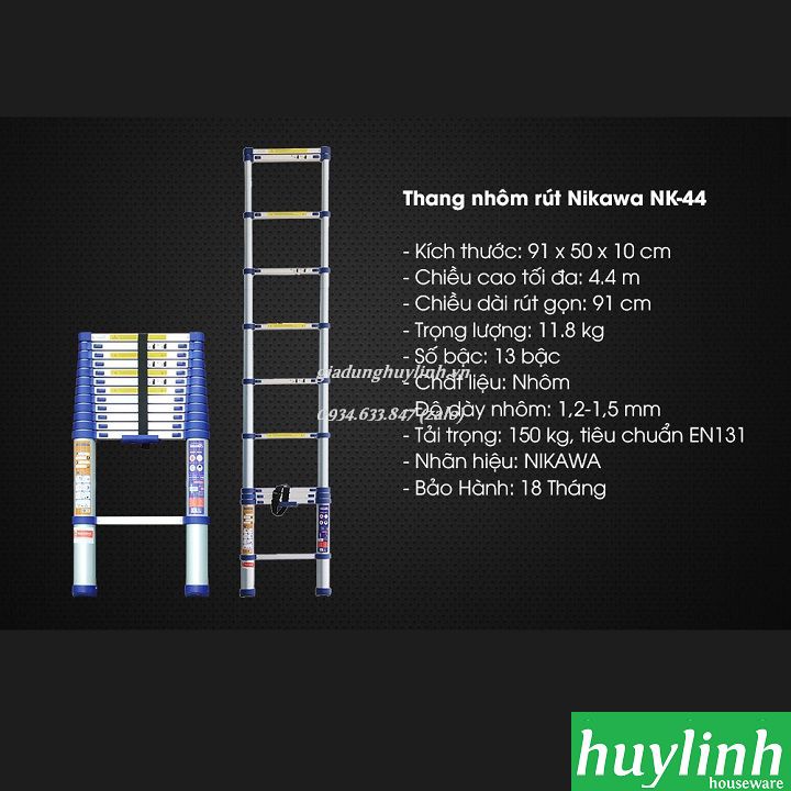 Thang nhôm rút đơn Nikawa NK-44 NEW - 4.4 mét - Tặng kèm đệm cao su