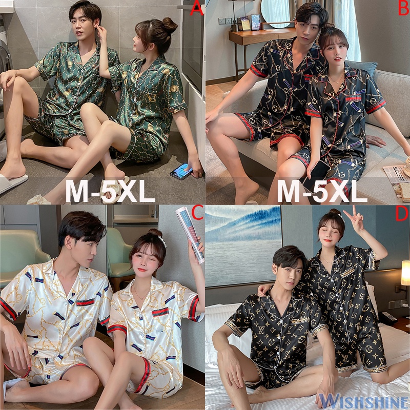 Bộ đồ ngủ tay ngắn vải lụa satin phong cách Hàn Quốc size lớn M-5XL cho nam và nữ
