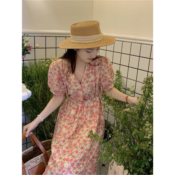 Váy hoa nhí cổ chéo rút eo dáng dài vintage Ulzzang style 🌸 Hàng Quảng Châu