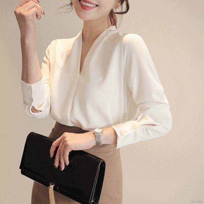 FREESHIP ĐƠN 99K_ Women Elegant Blouse Long Sleeve Solid Sweet V Neck Top Shirt | BigBuy360 - bigbuy360.vn