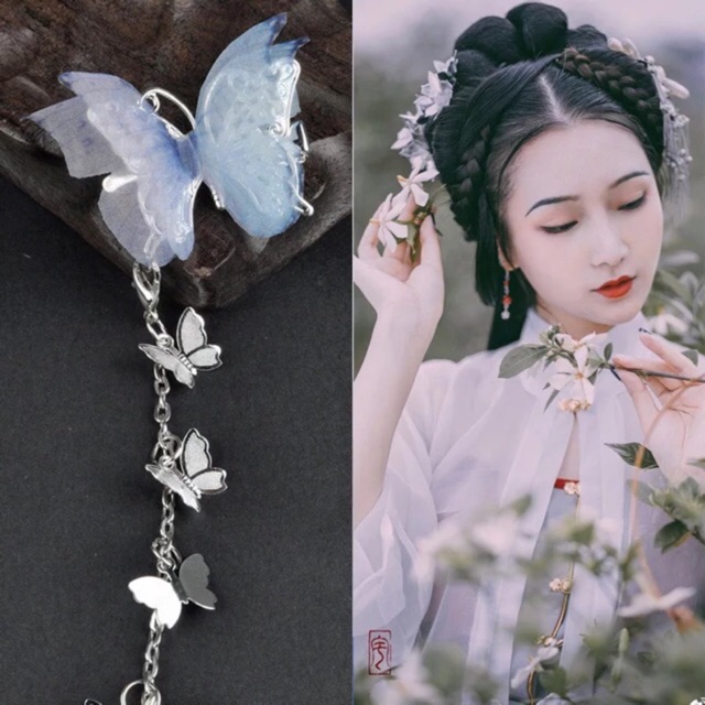 Set kẹp tóc hồ điệp lông vũ kẹp cổ trang
