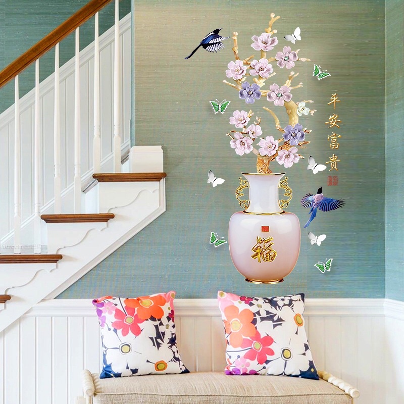 Decal dán tường , Tranh dán tường bình hoa tím siêu đẹp, sẵn keo dán.