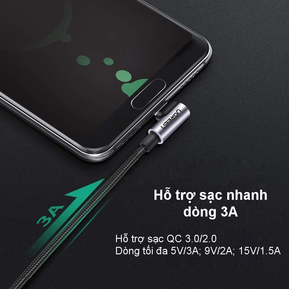 Cáp sạc và truyền dữ liệu dài 1-2m UGREEN US284 USB 2.0 sang USB type C, đầu vuông góc, vỏ bện nylon